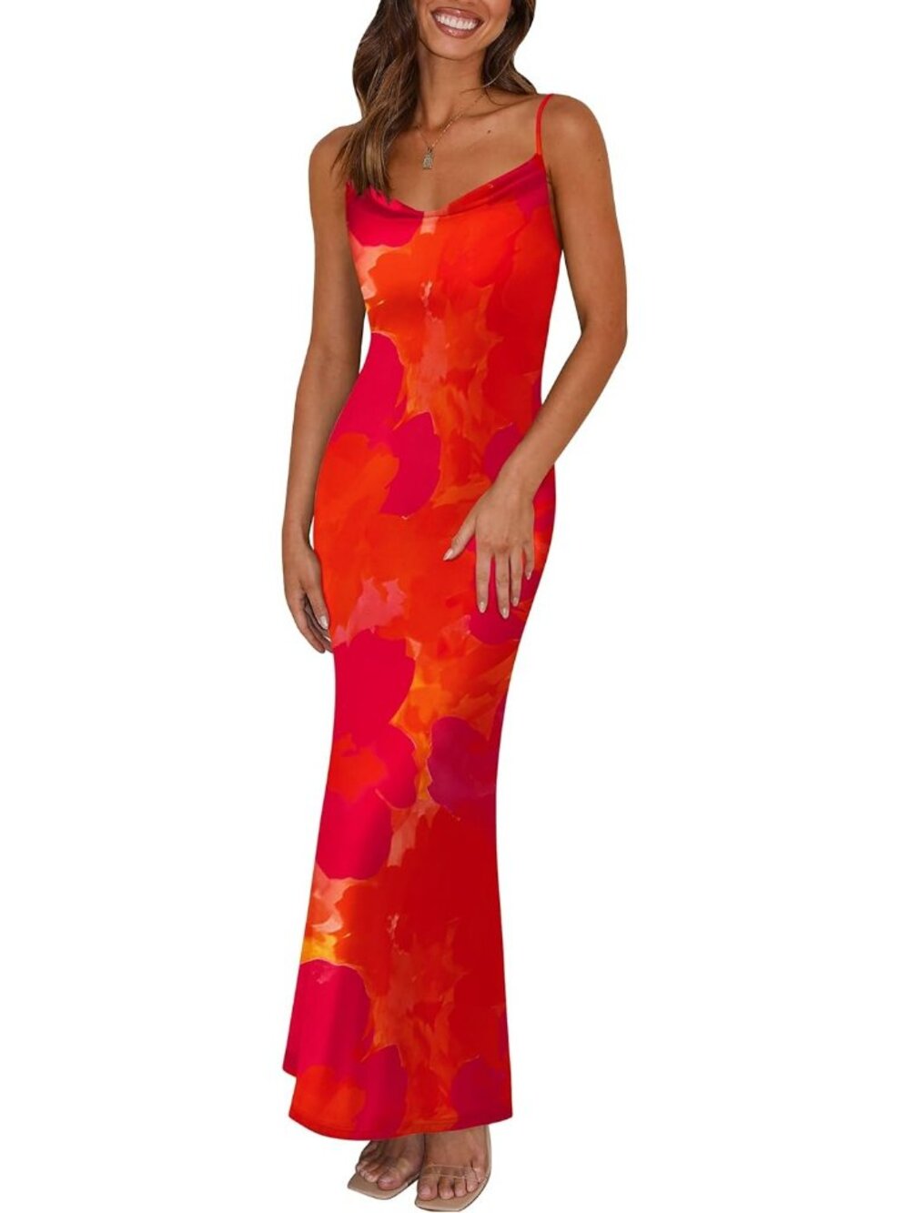 Women's Orange Floral Maxi Bodycon Spaghetti Strap Backless Summer Slip Dress